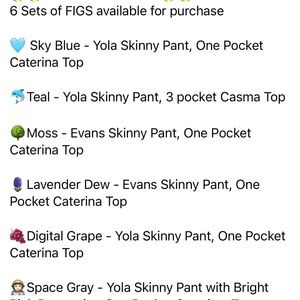 Figs, all size large EXCEPT the teal shirt. $40 per set.